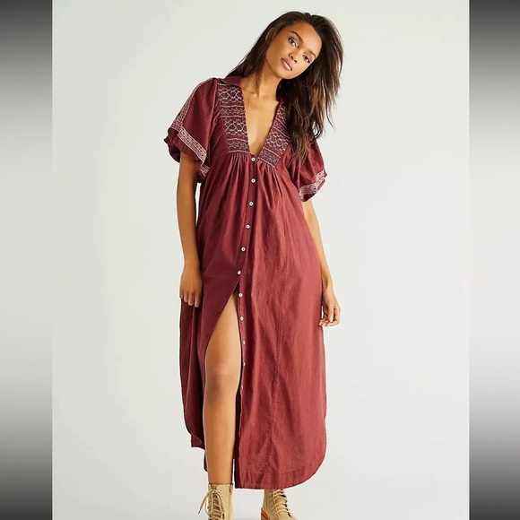 Free People Samantha Embroidered Puff Sleeve Button Front Maxi Dress Medium - Picture 3 of 16